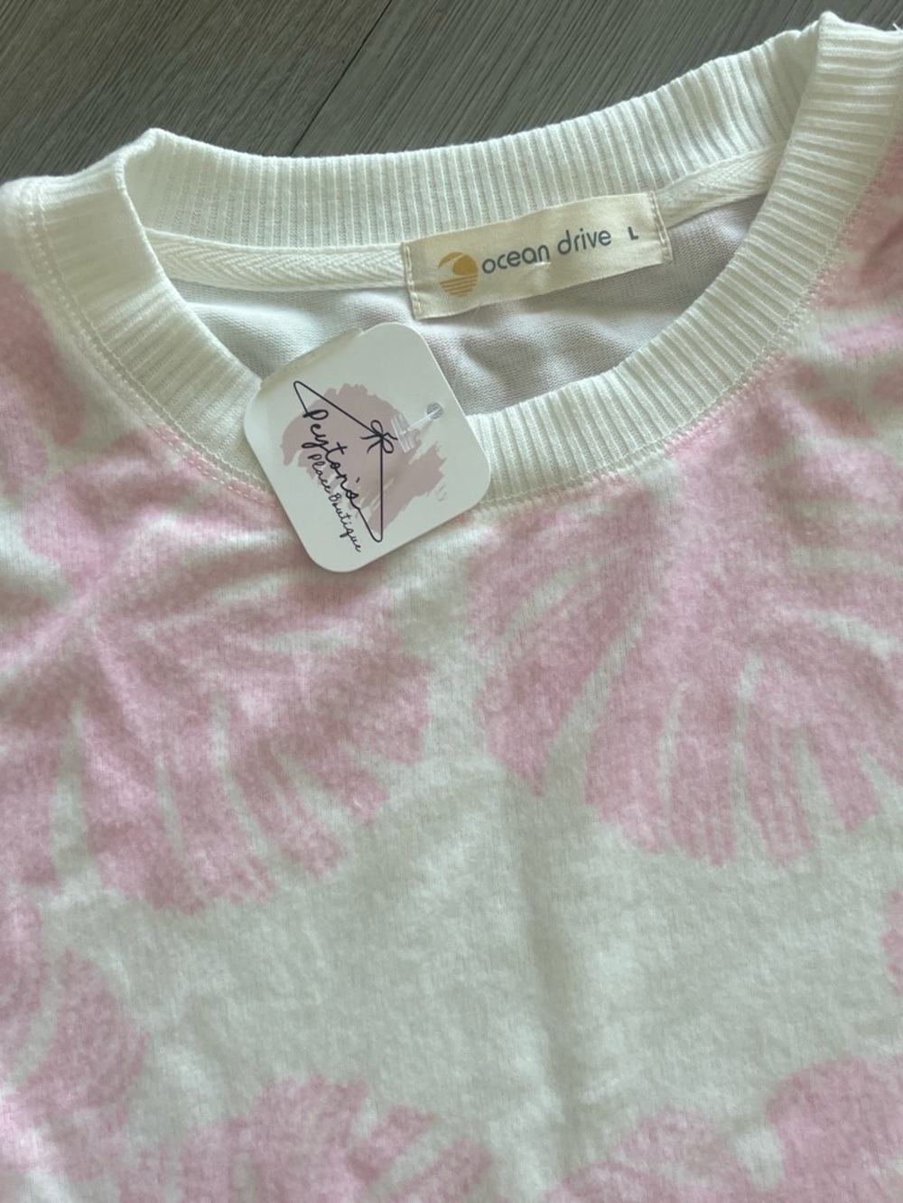 Ocean Drive White Crewneck Sweater with Pink Floral Motif